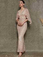 Beautiful V-Neck 3/4 Ruffle Sleeves Sequin Floor Length Mermaid Dress Quinn