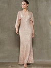 V-Neck 3/4 Ruffle Sleeves Sequin Floor Length Mermaid Dress-Quinn