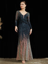 Navy Blue Sequin V-Neck Long Sleeves Floor Length Mermaid Dress 