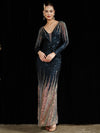 Navy Blue Sequin V-Neck Long Sleeves Floor Length Mermaid Dress Harper