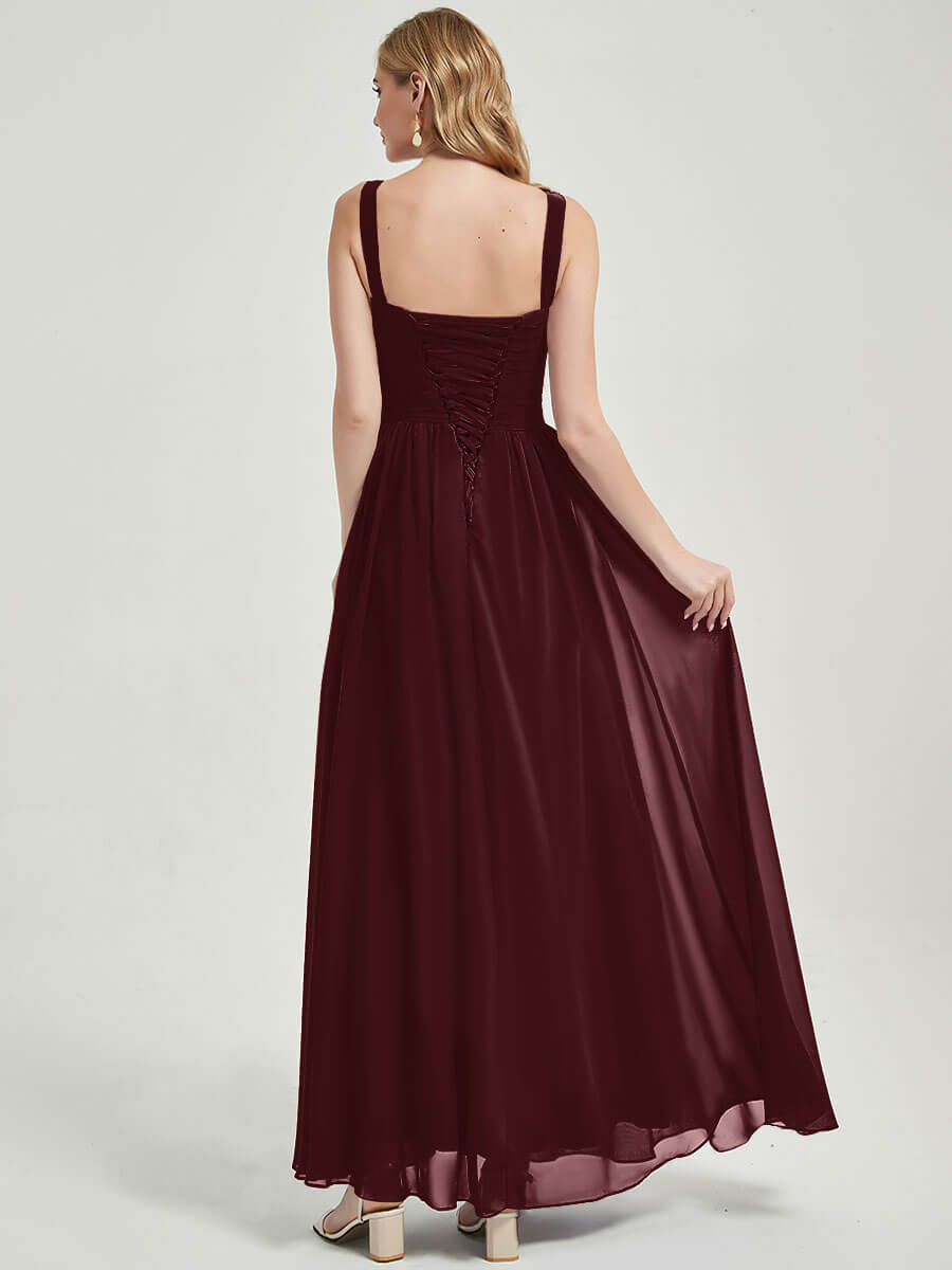 Burgundy V-neckline Pleated Classic Bridesmaid Dress