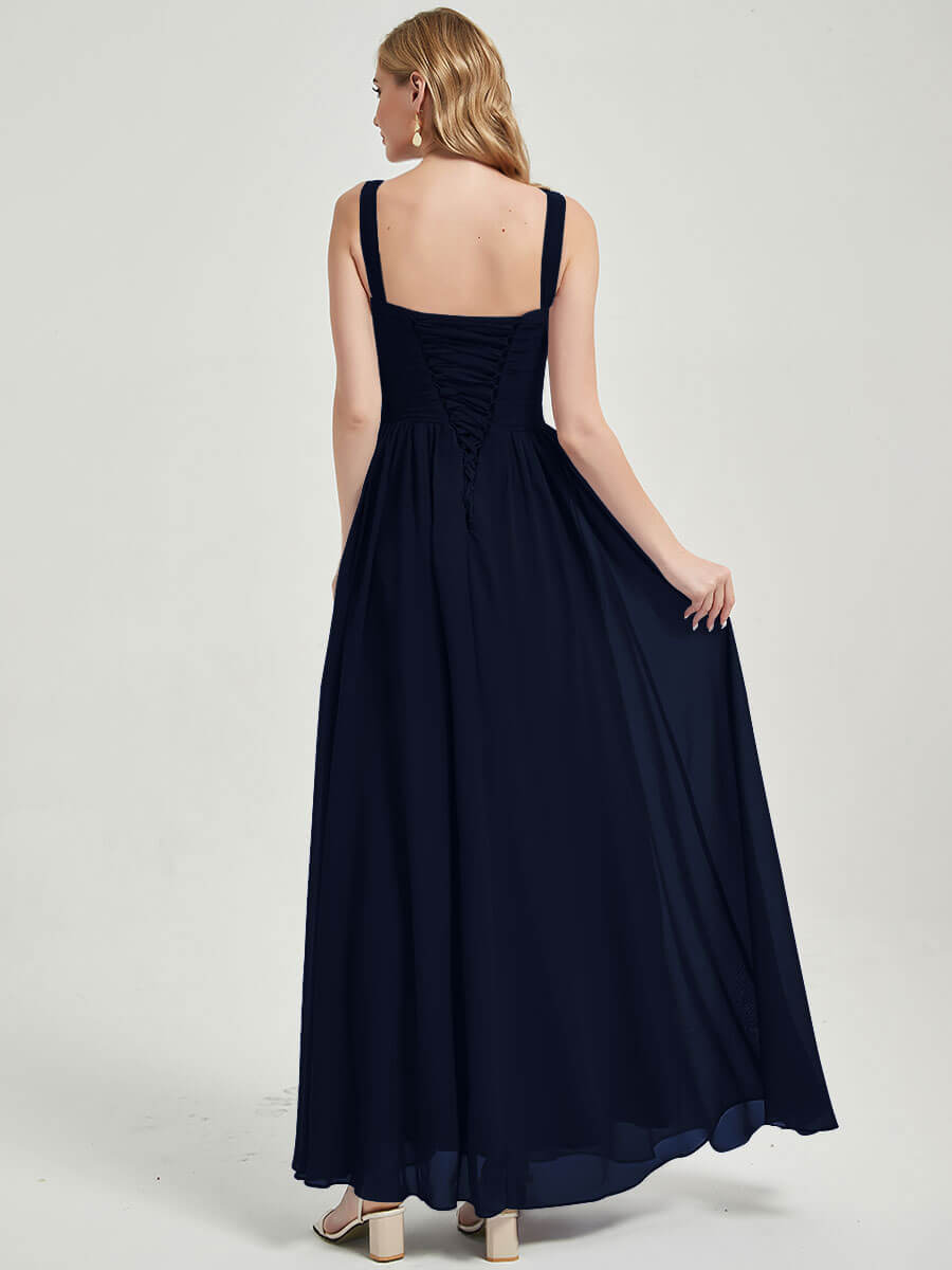 Dark Navy V-neckline Pleated Classic Bridesmaid Dress