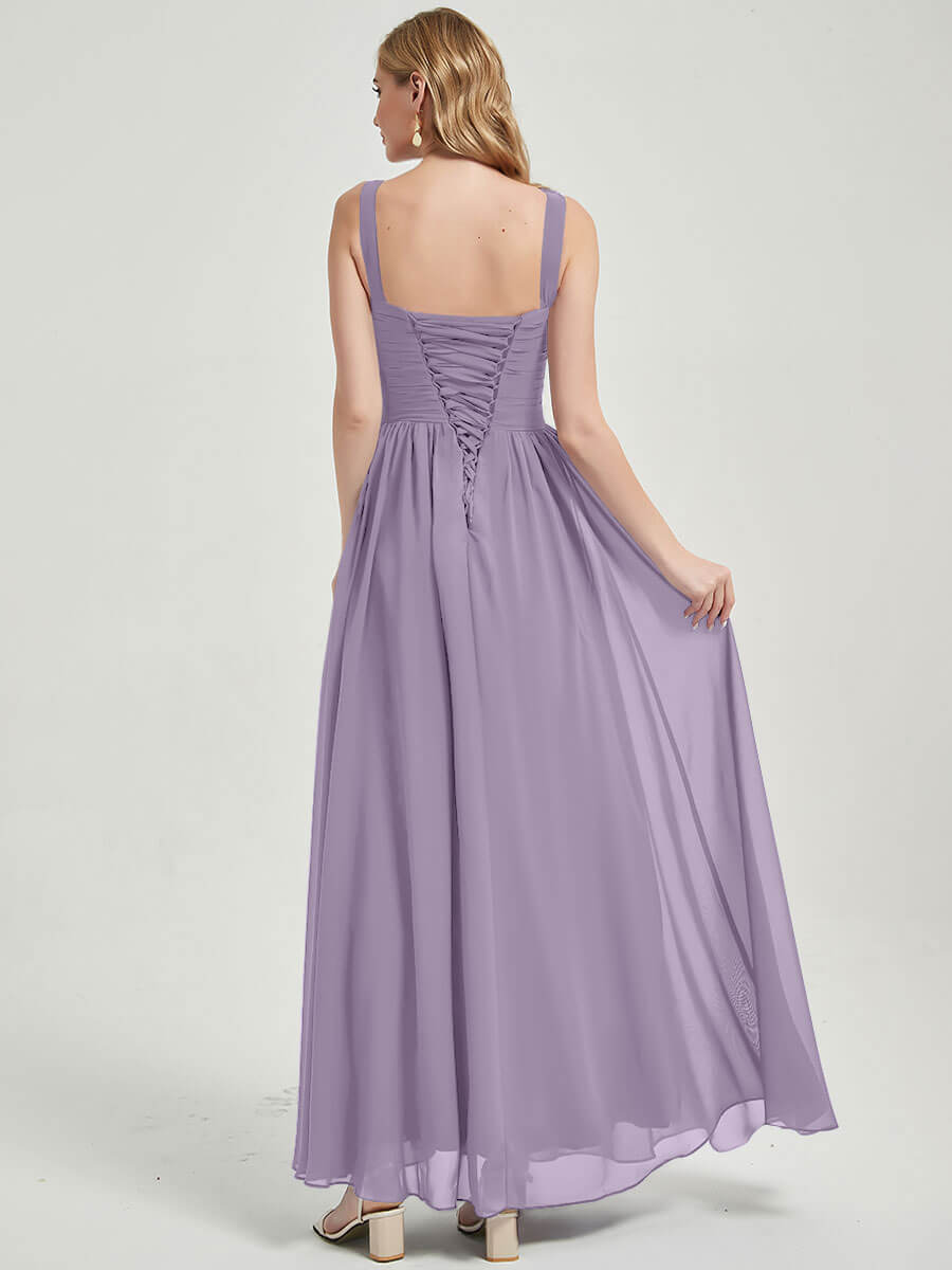 Dusty Purple V-neckline Pleated Classic Bridesmaid Dress