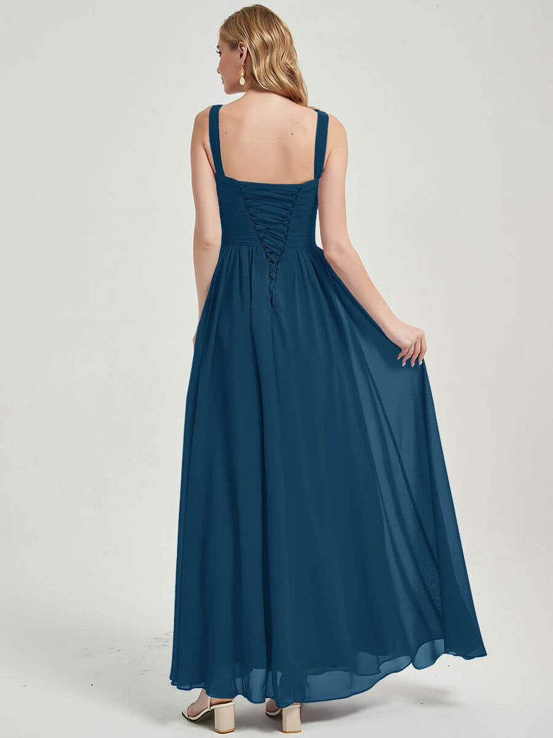 Ink Blue V-neckline Pleated Classic Bridesmaid Dress- Flori