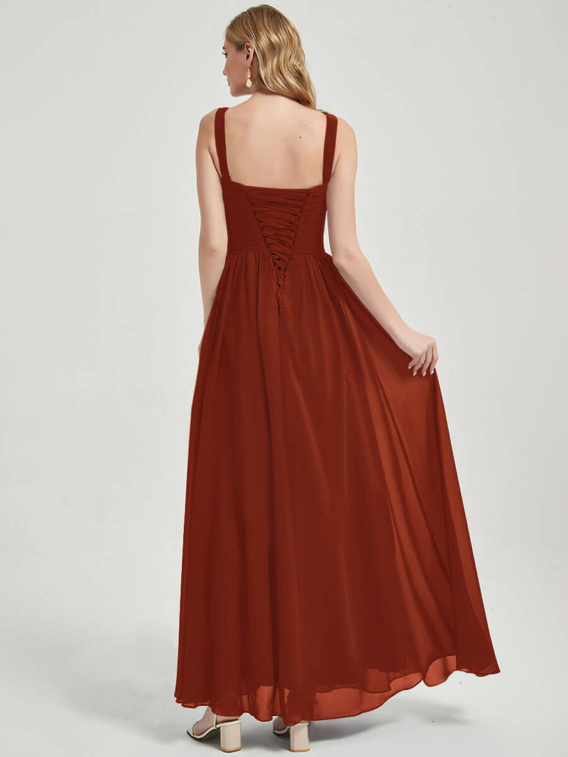 Rusty Red V-neckline Pleated Classic Bridesmaid Dress-Flori