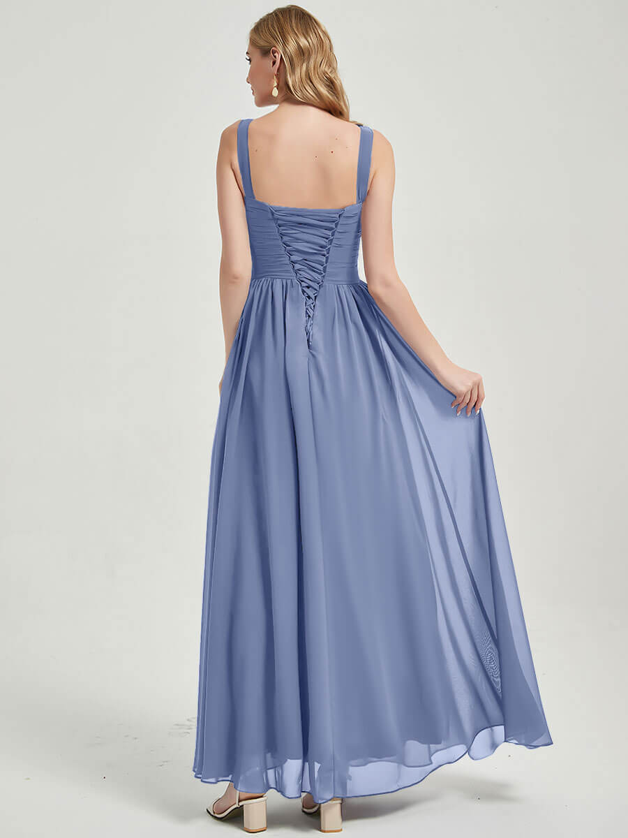 Slate Blue V-neckline Pleated Classic Bridesmaid Dress