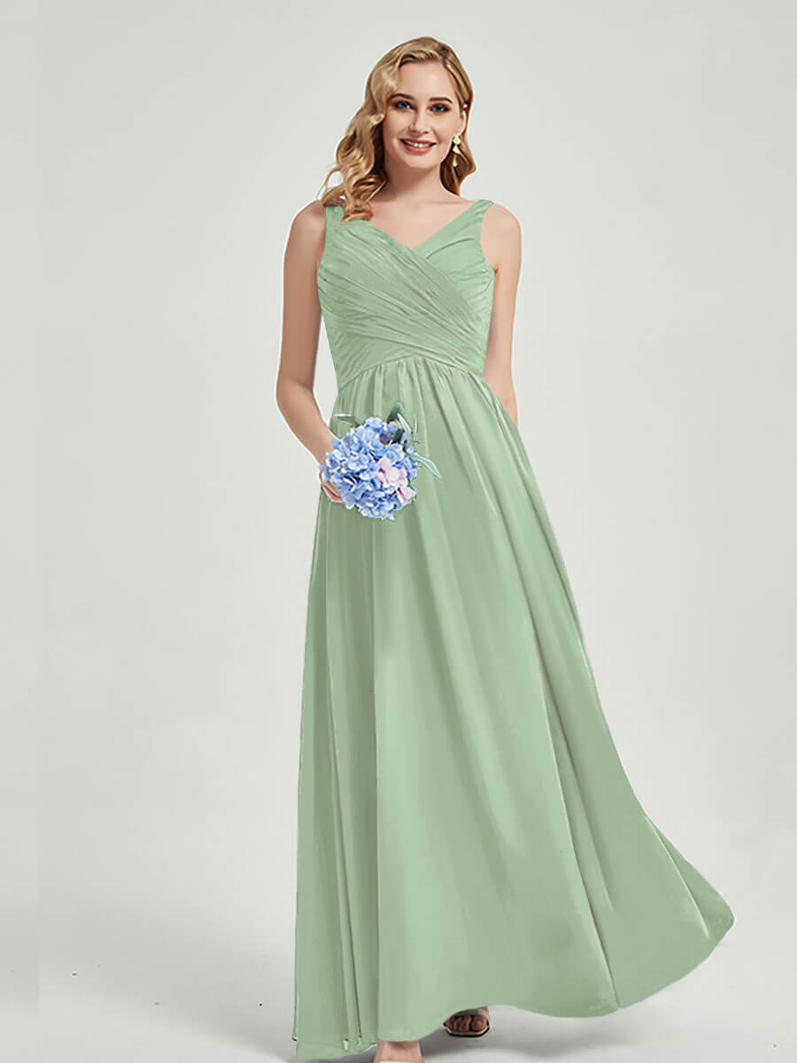 Sage Green Wide Straps Sleeveless Flowy Pleated Long Bridesmaid Dress
