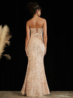 Champagne Gold Luxury Sequin Sweetheart Strapless Slit Mermaid Formal Gown Victoria