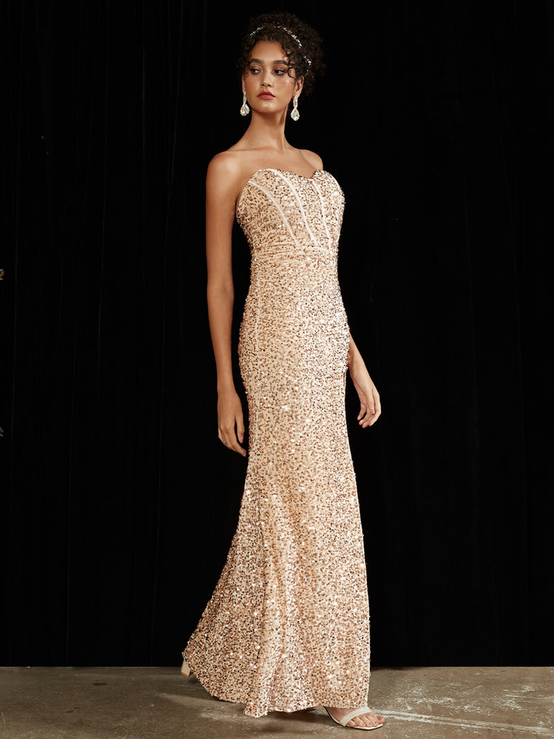 Champagne Gold Luxury Sequin Sweetheart Strapless Slit Mermaid Formal Gown-Victoria