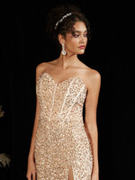 Champagne Gold Luxury Sequin Sweetheart Strapless Slit Mermaid Formal Gown - Victoria