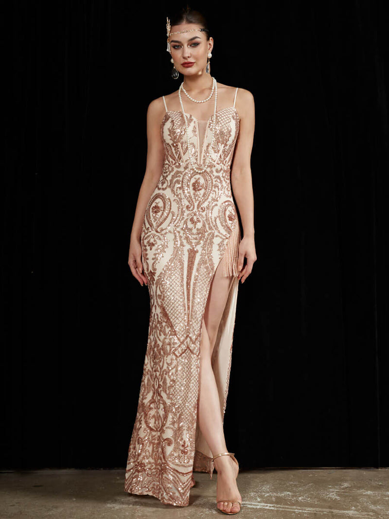 Sequin Sweetheart Slit Tassels Crystal Floor Length Mermaid Prom Dress-Ava