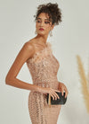 Luxury Feather Sequin One Shoulder Neckline Mermaid Floor Length Formal Party  Gown-Ruby