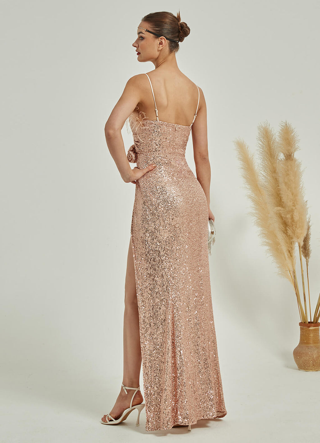  Luxury Feather Sequin Slit Adjustable Straps Mermaid Formal Floor Length Gown Sadie