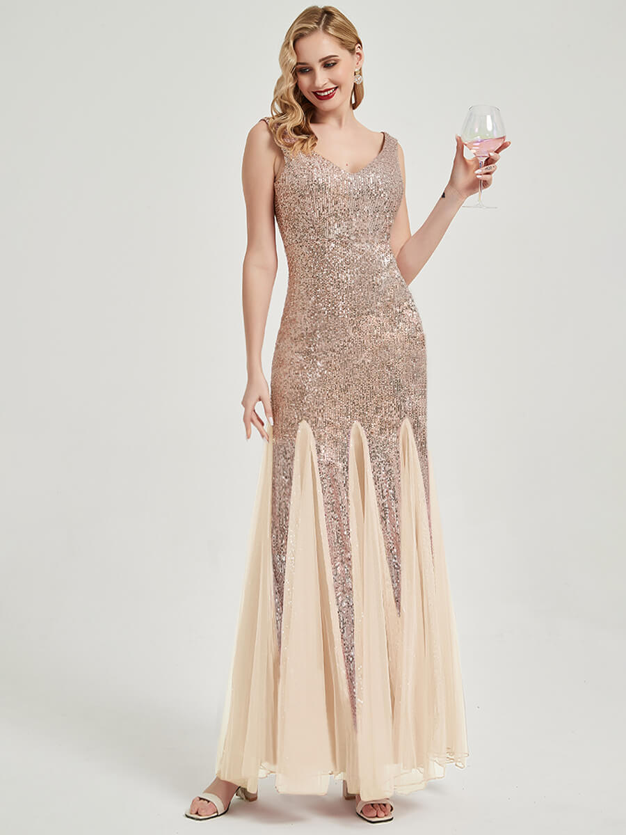 Champagne Gold Sequined Mermaid Evening Dress-Miyeon