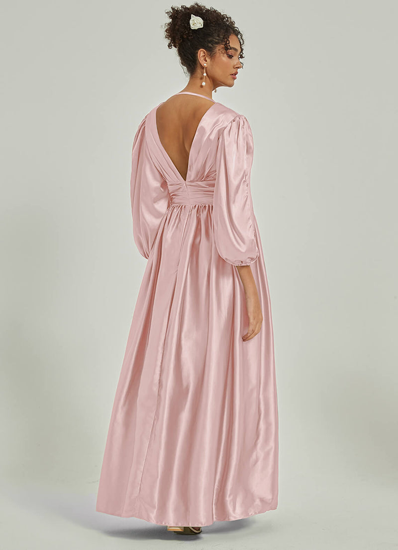 A Line Maxi Satin Blush bridesmaid dresses AM31004 Josie NZ Bridal b