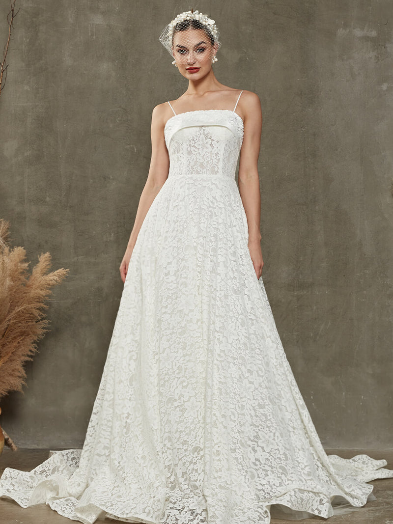 Diamond White Lace Spaghetti Straps Wedding Dress with Convertible Cathedral Train Emily
