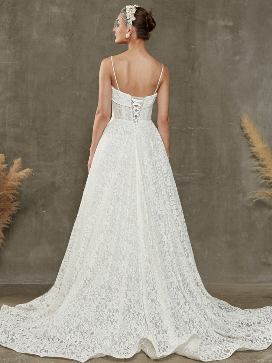 Diamond White Lace Spaghetti Straps Wedding Dress with Convertible Cathedral Train Emily