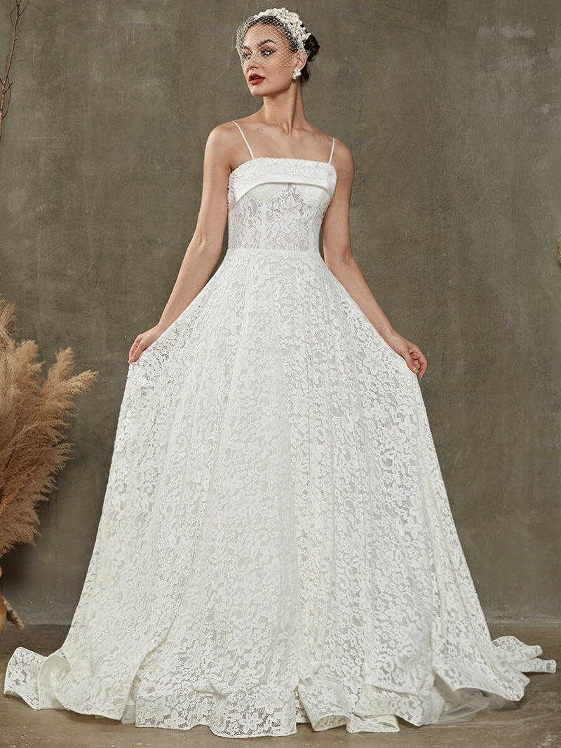 White Lace Spaghetti Straps Wedding Dress with Convertible Cathedral Train Emily