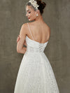 Diamond White Lace Spaghetti Straps Wedding Dress with Convertible Cathedral Train- Emily