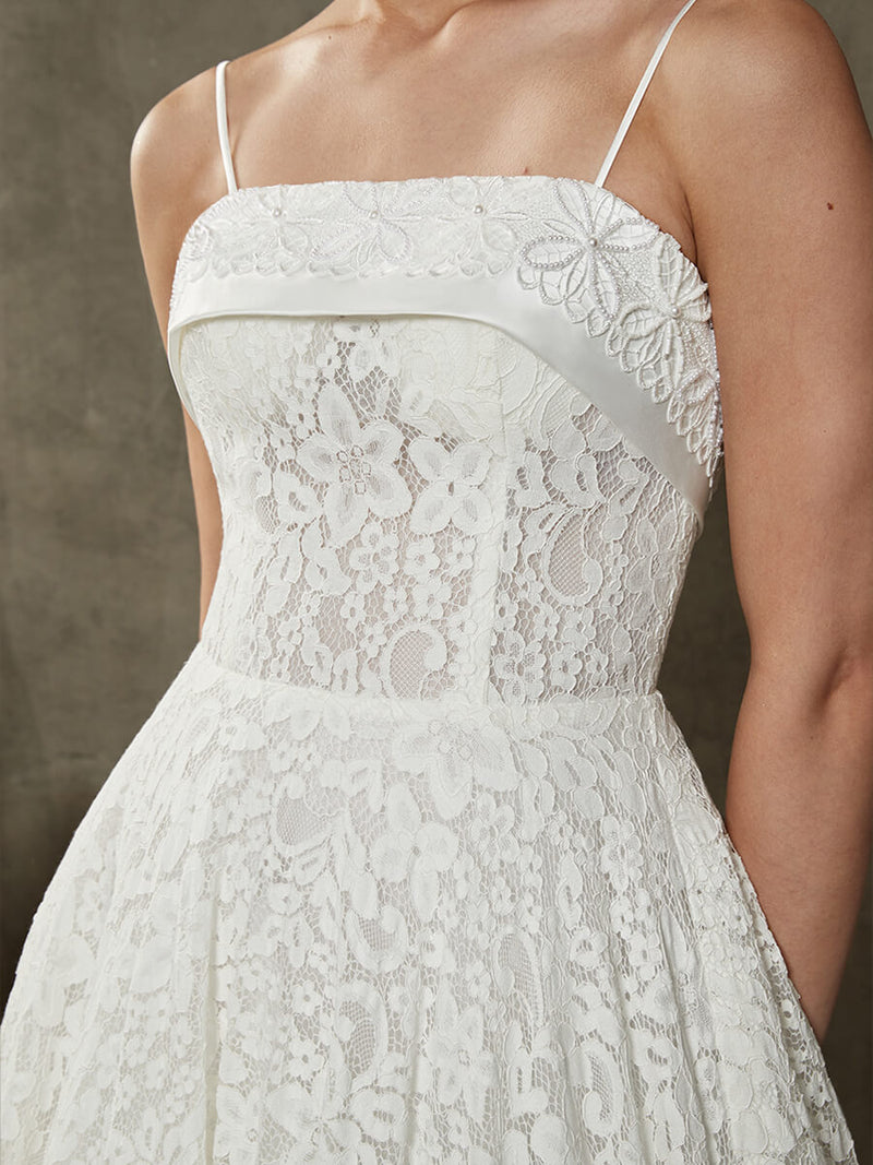 Diamond White Lace Spaghetti Straps Wedding Dress with Convertible Cathedral Train