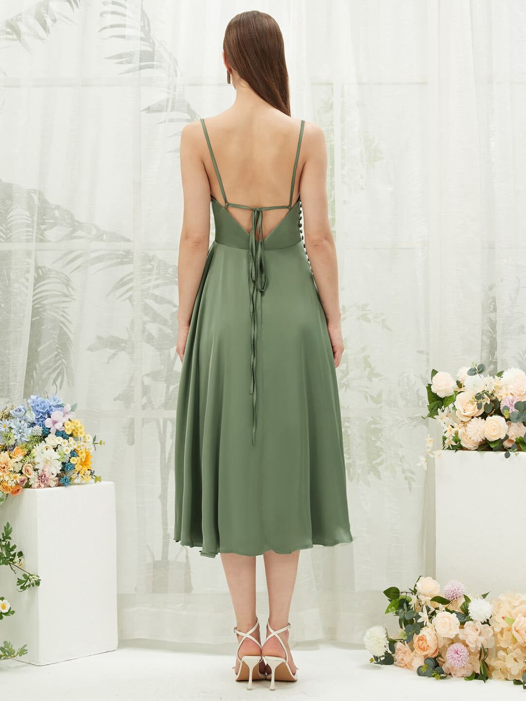 Olive Green Silk Satin Cowl Neck Spaghetti Straps Slit Tea Length Bridesmaid Dress with Botton Ceci