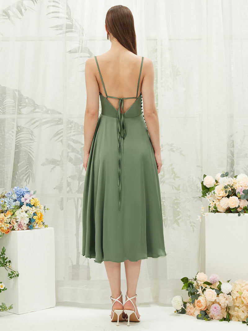 Olive Green Silk Satin Cowl Neck Spaghetti Straps Slit Tea Length Bridesmaid Dress with Botton Ceci Ture to Size