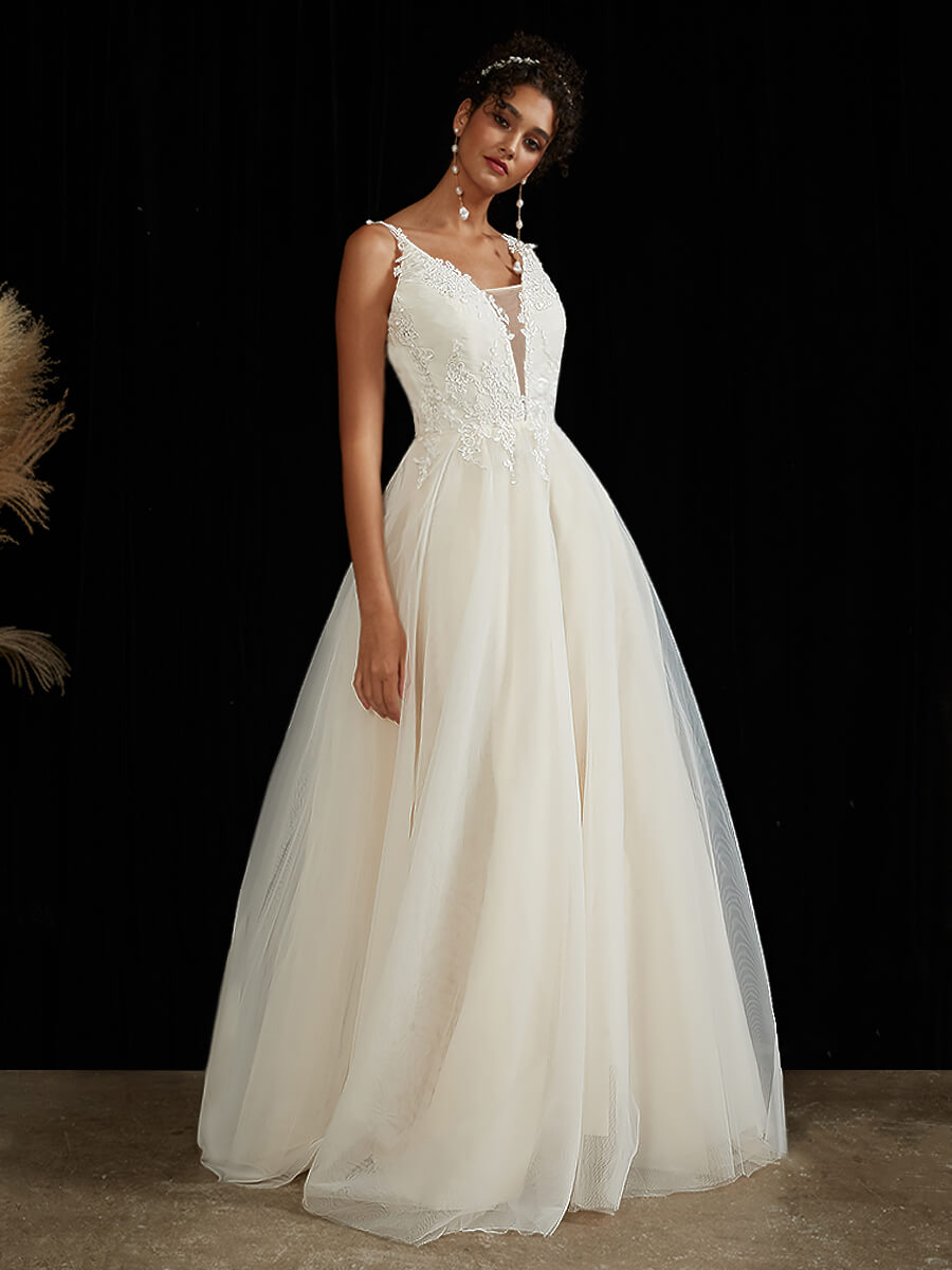Diamond White + Champagne A-Line Lace V-Neck Wedding Gown with Chapel Train Devi