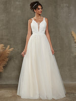 Diamond White/Champagne A-Line Lace V-Neck Wedding Gown with Chapel Train Devi