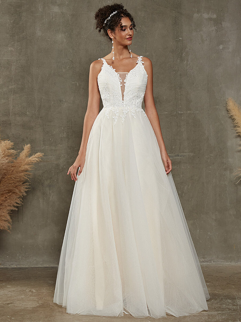 Diamond White/Champagne A-Line Lace V-Neck Wedding Gown with Chapel Train Devi