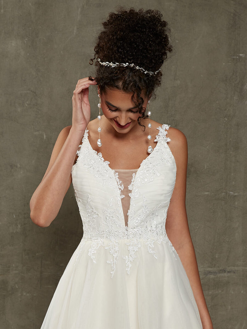 Diamond White + Champagne A-Line Lace V-Neck Wedding Gown with Chapel Train-Devi