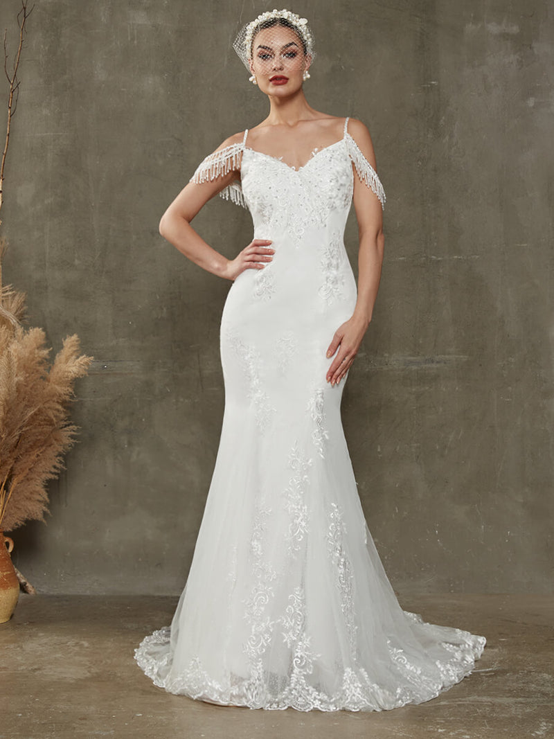 Mermaid V-Neck Tulle Lace Wedding Gown with Chapel Train Ivy