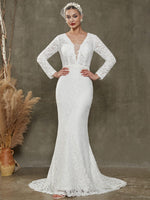 Sheath Lace Chapel Train V-Neck Wedding Dress With Sleeves India