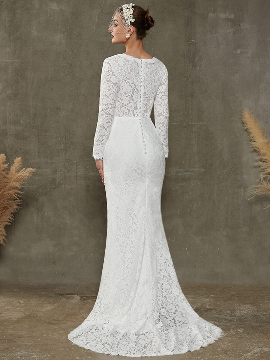 Sheath Lace Chapel Train V-Neck Wedding Dress With Sleeves India