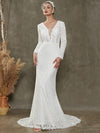  India Sheath Lace Chapel Train V-Neck Wedding Dress With Sleeves