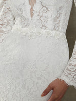 Sheath Lace Chapel Train V-Neck Wedding Dress With Sleeves