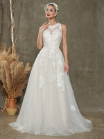  Diamond White Champagne Illusion Sweetheart Sleeveless Lace Wedding Dress with Chapel Train Melrose