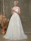  Diamond White Champagne Illusion Sweetheart Sleeveless Lace Wedding Dress with Chapel Train 