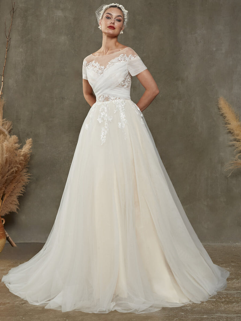  Sindy A-line Tulle Lace Floor Length Sweetheart Wedding Dress With Short Sleeve