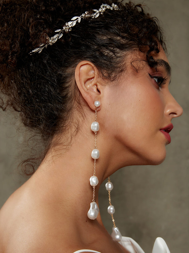 White Irregular Alloy Chic Wedding Baroque Pearl Drop Earrings Pin