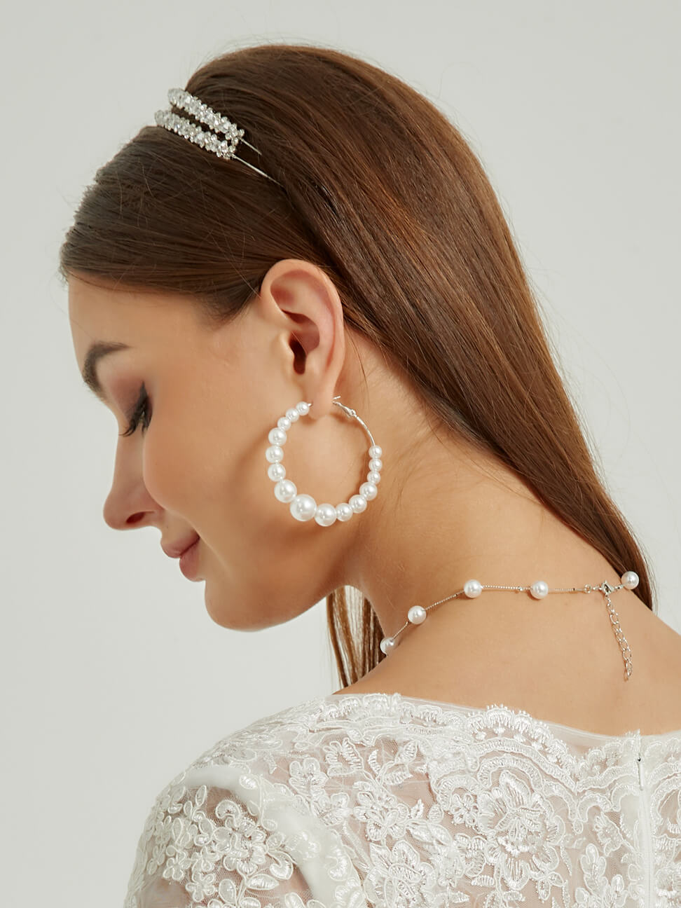 Alloy Chic Wedding Pearl Necklace Hoop Earrings Set