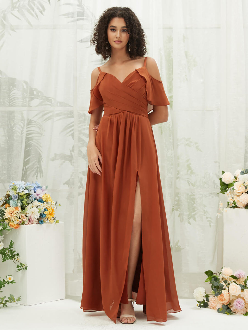 Burnt Orange Chiffon Cold Shoulder Bridesmaid Dress 