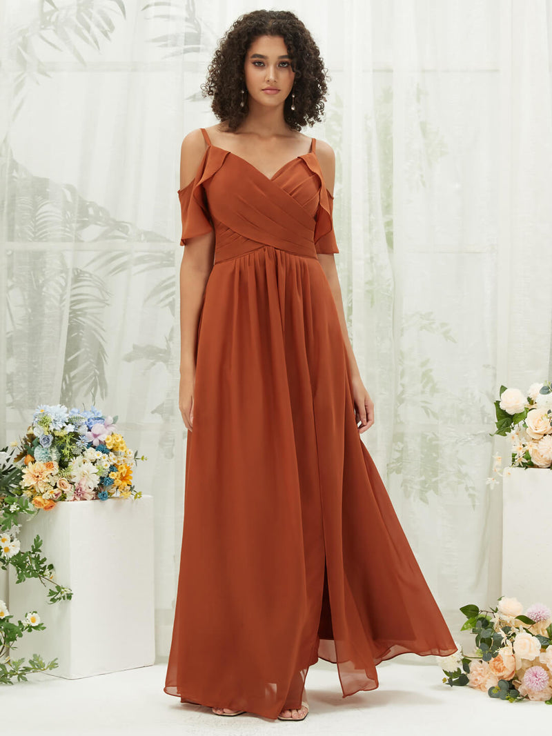 Burnt Orange Chiffon Cold Shoulder Bridesmaid Dress Fiena for Women from NZ Bridal