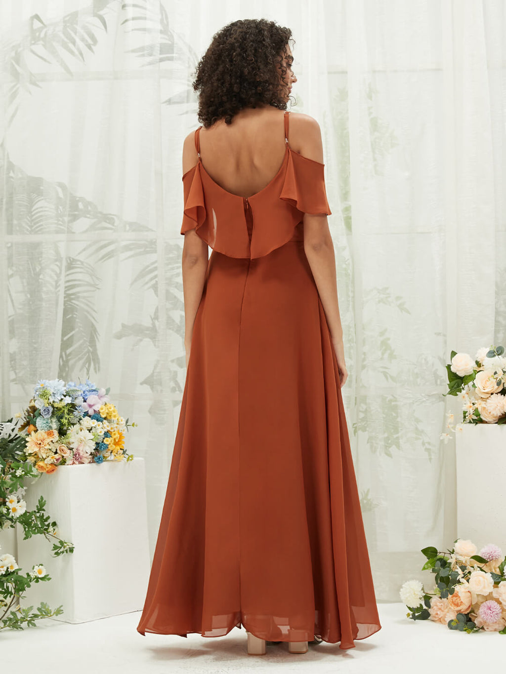 Burnt Orange Chiffon Cold Shoulder Bridesmaid Dress 