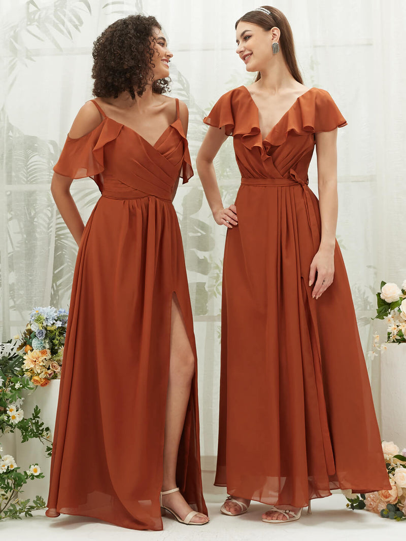 Burnt Orange Chiffon Ruffle Sleeve V-Neck Slit Maxi Bridesmaid Dress Burnt Orange / XS / N0-2 Burnt Orange Chiffon Ruffle Sleeve V-Neck Slit Maxi Bridesmaid Dress Burnt Orange / XS / N0-2