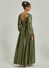 Satin 3/4 Long Slit Sleeve V Neck Empire Slit Pleated Floor Length Bridesmaid Dress Josie