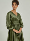 Olive Green Satin 3/4 Long Slit Sleeve V Neck Empire Slit Pleated Floor Length Bridesmaid Dress Josie For Women From NZ Bridal