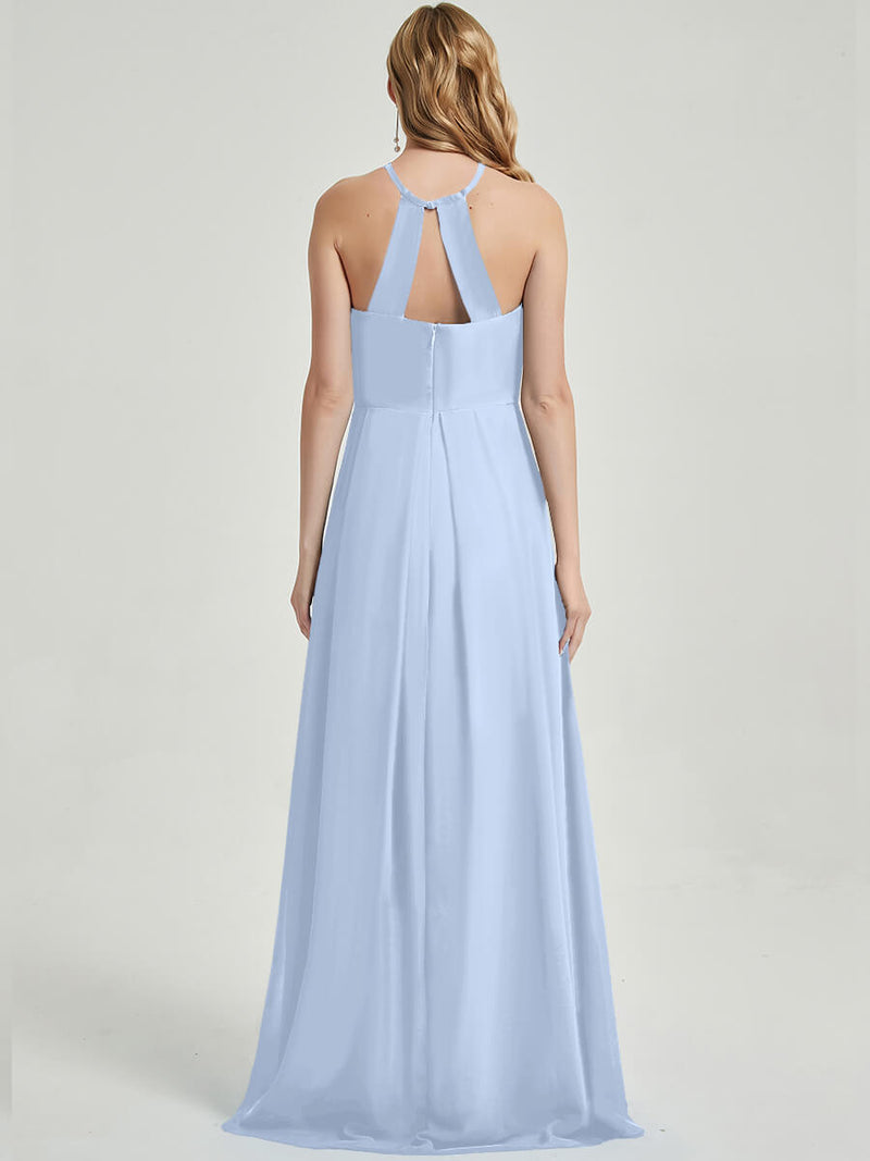 Cornflower Blue Halter Empire Pleated Backless Chiffon Bridesmaid Dress