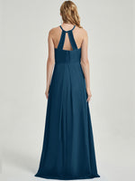 Ink Blue Halter Sleeveless Empire Pleated Backless Chiffon Bridesmaid Dress