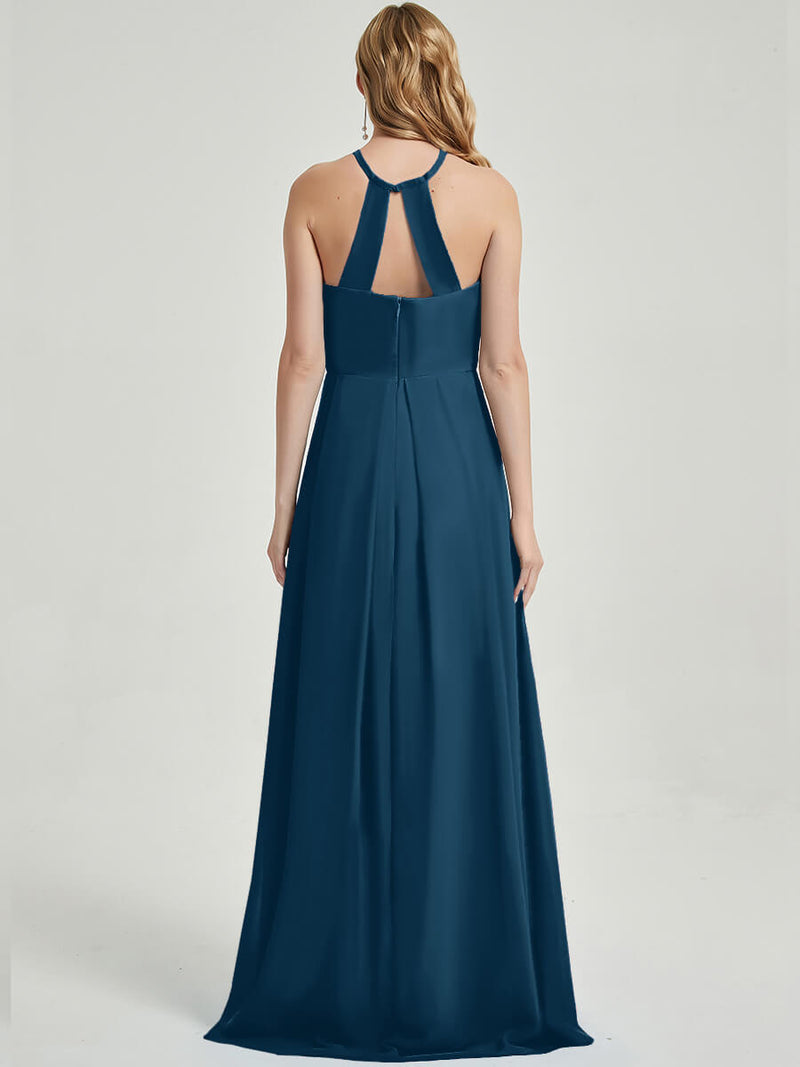 Ink Blue Halter Sleeveless Empire Pleated Backless Chiffon Bridesmaid NZ Bridal Ink Blue Halter Sleeveless Empire Pleated Backless Chiffon Bridesmaid NZ Bridal