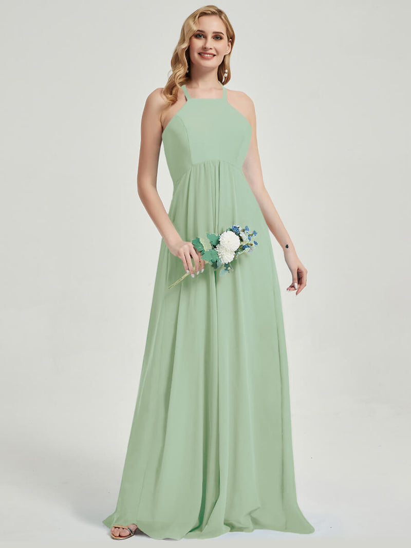 Sage Green Halter Neck Empire Pleated Backless Chiffon Bridesmaid Dres